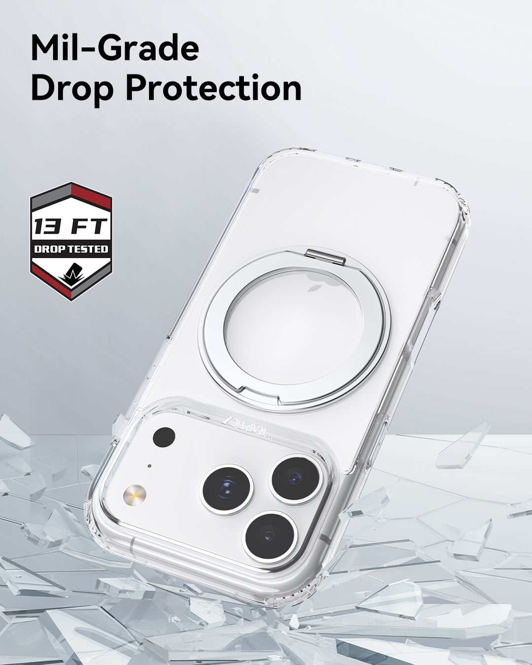 The Raptic iPhone 17 Magnetic Kickstand Case – Air Stand, shown on an iPhone with triple cameras, features a MagSafe-ready ring. "Mil-Grade Drop Protection" and a "13 FT Drop Tested" badge appear against scattered glass on a light gray background.