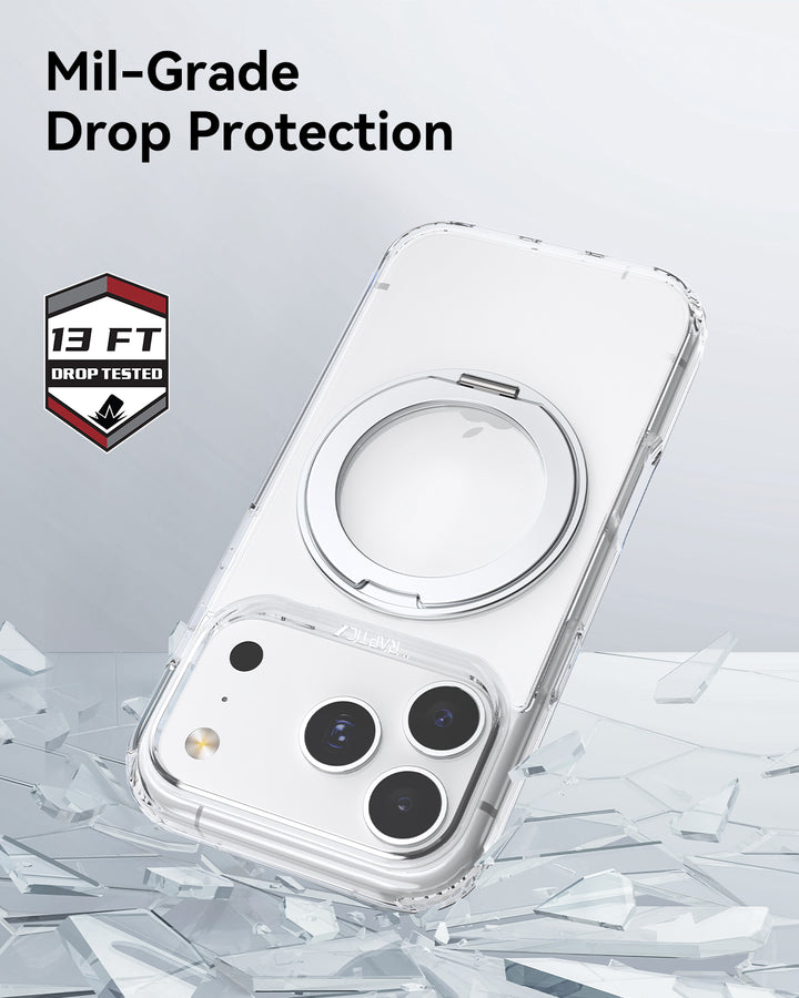 The Raptic iPhone 17 Magnetic Kickstand Case – Air Stand, shown on an iPhone with triple cameras, features a MagSafe-ready ring. "Mil-Grade Drop Protection" and a "13 FT Drop Tested" badge appear against scattered glass on a light gray background.