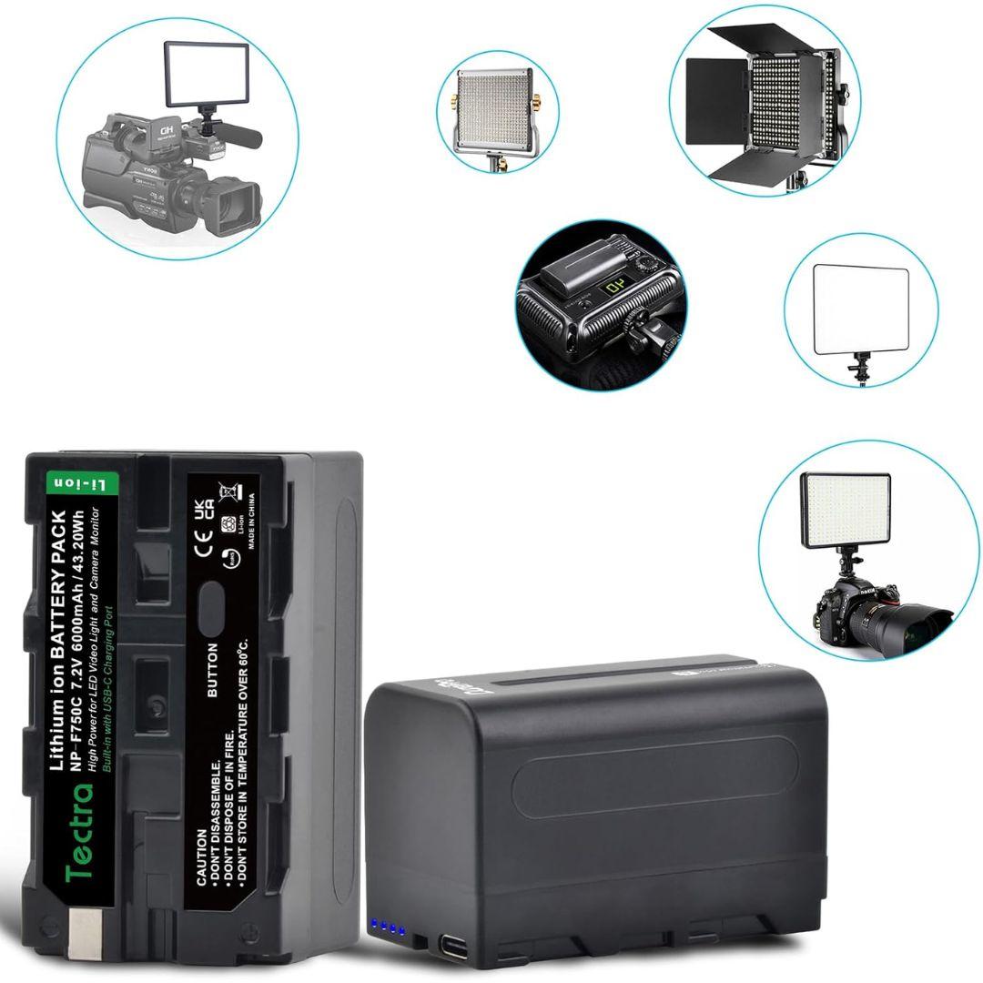 Two MobileTechnica Tectra 6000mAh Batteries for Sony NP-F970/F750/F550 (2-pack) are shown in front, while five insets display these lithium-ion batteries powering cameras and LED light panels on tripods and camera rigs.
