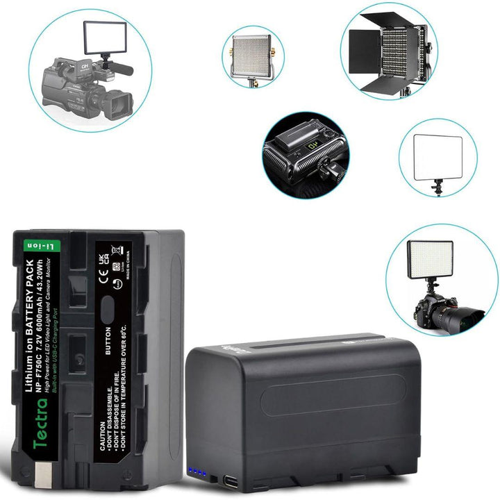 Two MobileTechnica Tectra 6000mAh Batteries for Sony NP-F970/F750/F550 (2-pack) are shown in front, while five insets display these lithium-ion batteries powering cameras and LED light panels on tripods and camera rigs.