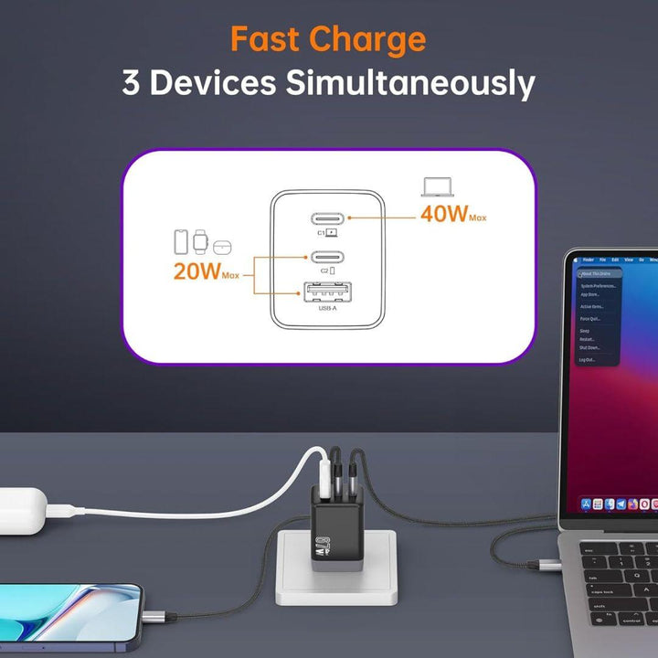 The Novoo 67W GaN III Wall Charger is shown fast charging a phone, earbuds, and a laptop at once, with three highlighted USB-C ports. Text reads: “Fast Charge 3 Devices Simultaneously.”.