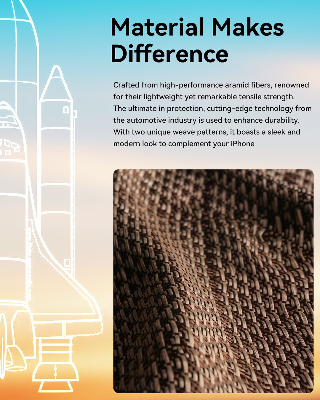 The lower half shows a close-up of brown, interwoven aramid fibre material from the Raptic iPhone 17 Aramid Fibre Case - Skin-Origin. Above, black text on a blue gradient highlights its ultra-slim protection; a white space shuttle outline is on the left.