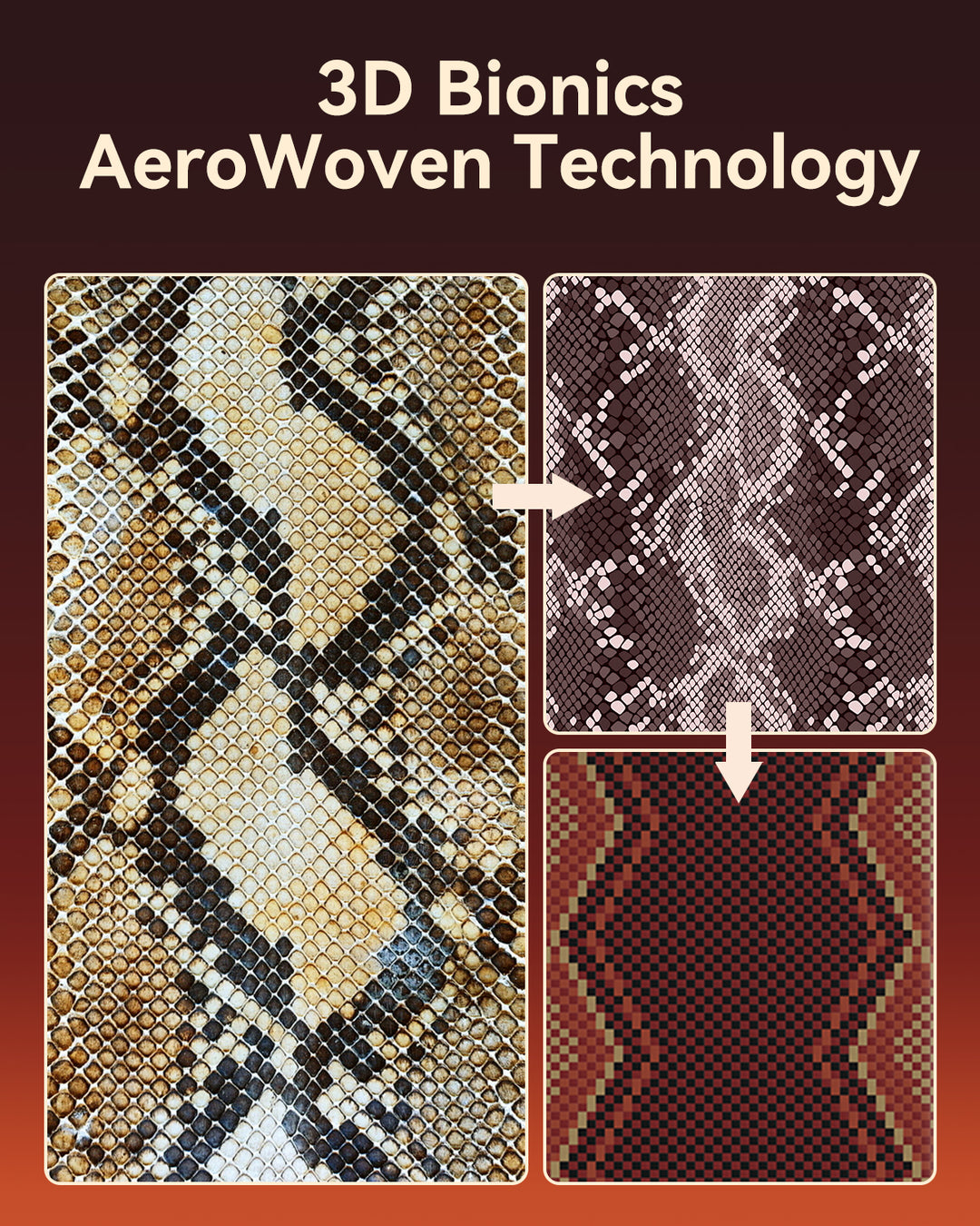 A close-up of snake skin transitions into two fabric patterns, illustrating "3D Bionics AeroWoven Technology." The Raptic Skin-Origin iPhone 17 Aramid Fibre Case offers ultra-slim protection inspired by snake skin design.