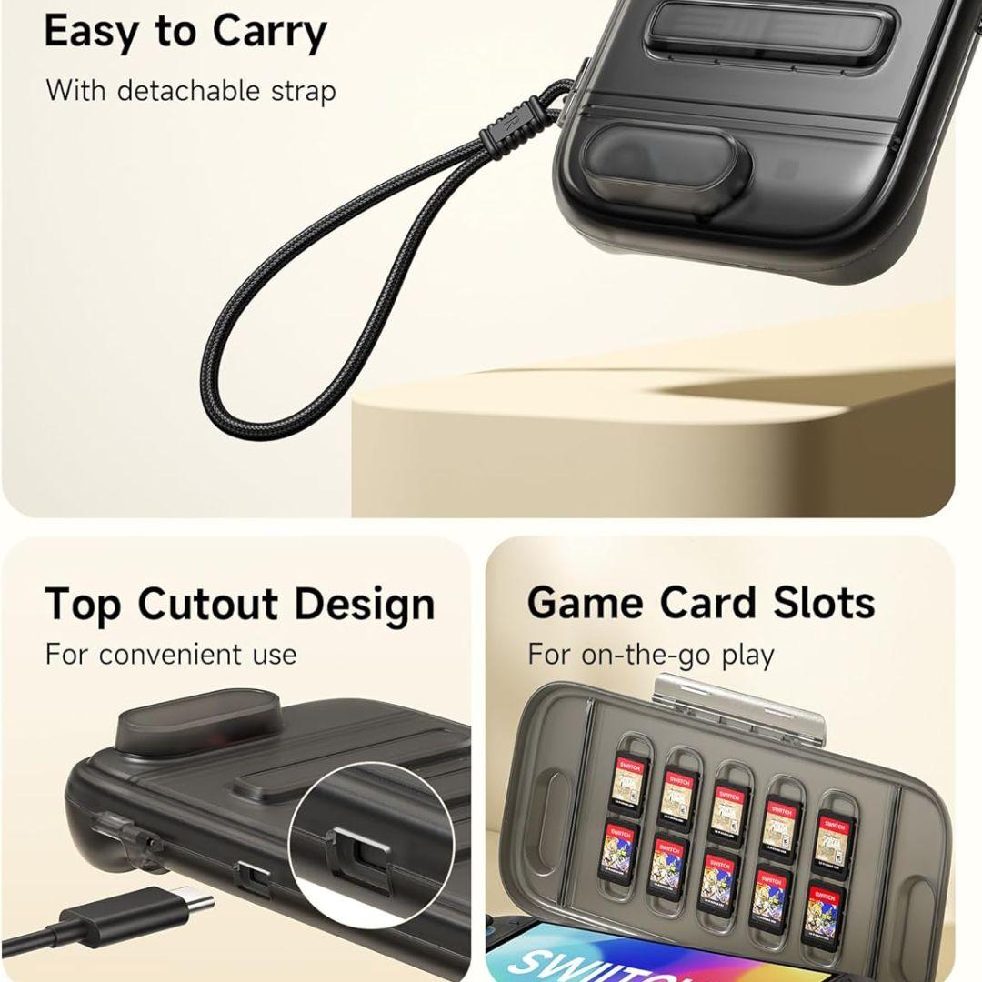 The Jsaux Nintendo Switch 2 Slim Carry Case in black features a detachable strap, a top cutout for easy access, and 10 game card slots. A USB-C adapter is placed next to the closed hard case.