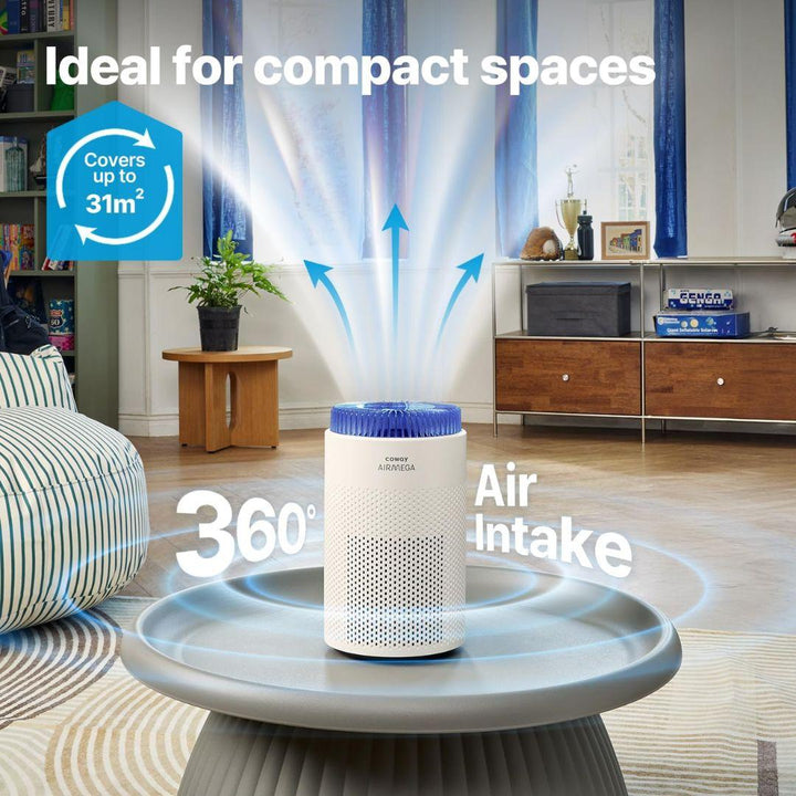 The MobileTechnica Portable Air Purifier - Coway Airmega 50, in white and blue, sits on a gray table. Text highlights its 360° air intake, up to 31 m² coverage, airflow graphics, and “Ideal for ultrafine particle removal.”.