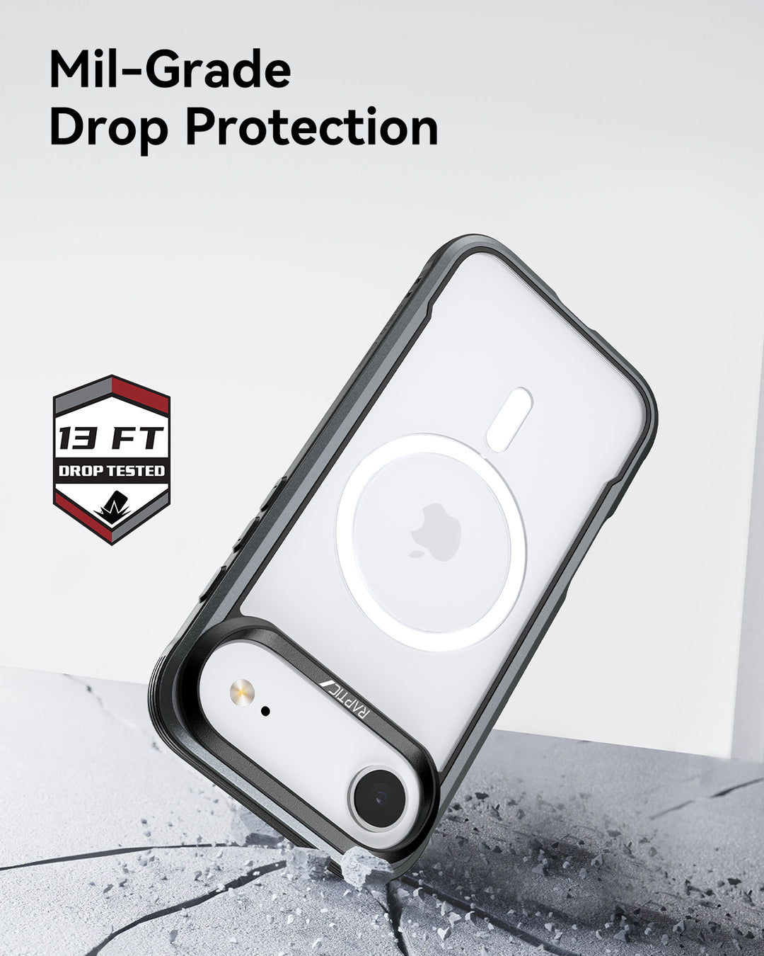 The iPhone 17 Raptic Shield Glass Bundle Pack by Raptic is shown in a rugged aluminum armor black and clear case falling and cracking a hard surface, with text "Mil-Grade Drop Protection" and a "13 FT Drop Tested" badge highlighting its durability.