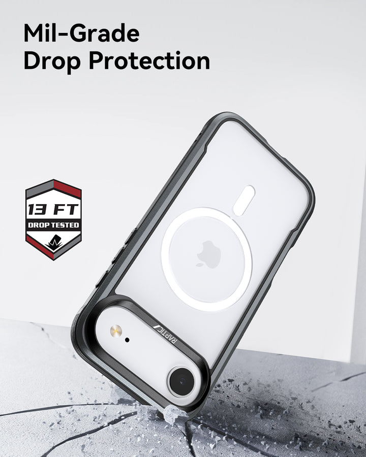 The iPhone 17 Raptic Shield Glass Bundle Pack by Raptic is shown in a rugged aluminum armor black and clear case falling and cracking a hard surface, with text "Mil-Grade Drop Protection" and a "13 FT Drop Tested" badge highlighting its durability.