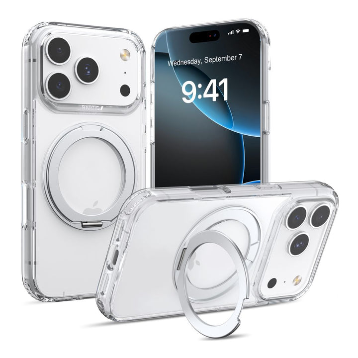 Three Raptic Air Stand iPhone 17 Magnetic Kickstand Cases are shown on iPhones. One displays a lock screen at 9:41, September 7; others highlight the transparent design and circular MagSafe area for effortless magnetic charging.