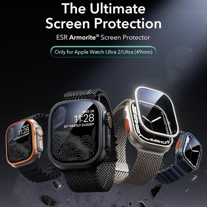 Four Apple Watch Ultra 2/1 (49mm) models with diverse bands and screens are shown, including one featuring the ESR Amorite Screen Protector for Apple Watch Ultra 2/1 Black, which provides edge-to-edge tempered glass protection.