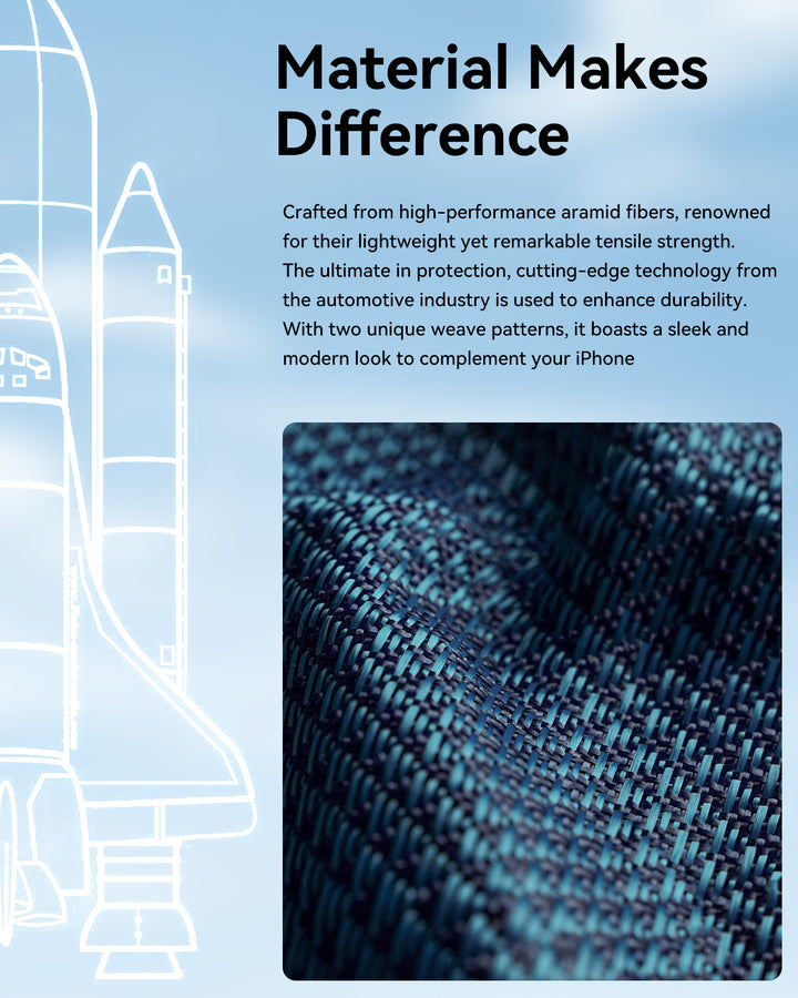 Close-up of dark blue and black aramid fibre with a space shuttle line drawing, highlighting the ultra-slim MagSafe protection of the Raptic iPhone 17 Aramid Fibre Case - Skin-Origin.