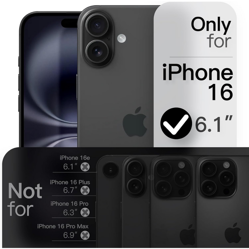 A graphic shows the JETech Slim iPhone 16 case (6.1”), marked as only for iPhone 16, not compatible with iPhone 16e, 16 Plus, or Pro. MagSafe compatible for secure protection. Not an iPhone 16e case.
