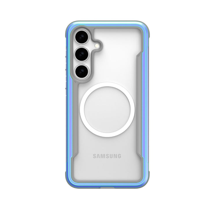 The Raptic Samsung S25 Shield Case features blue edges, a white circular magnetic ring on the back for attachment, military-grade protection, and three vertically aligned lens cutouts on the left. "Samsung" is etched at the bottom.