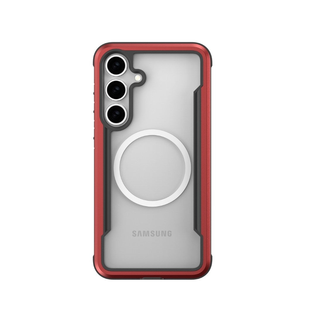 The Raptic Samsung S25 Shield Case features a clear back with a central MagSafe-compatible design, military-grade shock absorption, and red/black borders. It has three camera cutouts on the upper left for a sleek look.