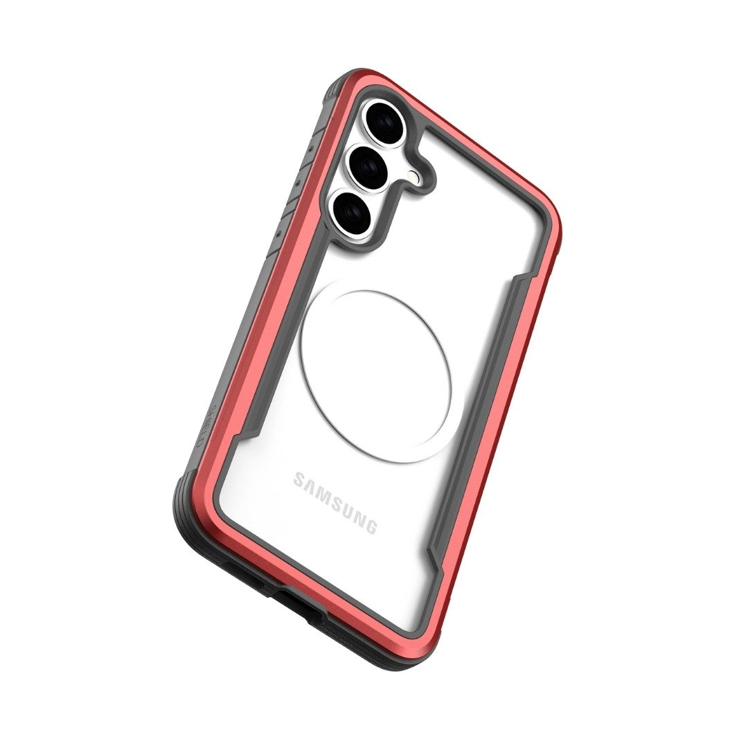 The Raptic Shield for Samsung Galaxy S25 features a clear back to highlight your phone's design, red edges for shock absorption, and offers military-grade protection. It has three cutouts for camera lenses and a central ring for grip or mounting.