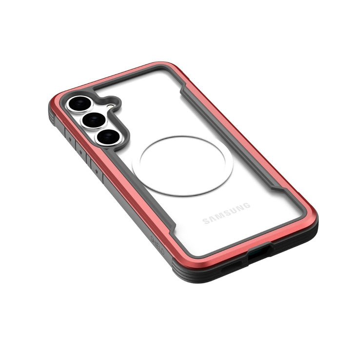 The Raptic Shield Case for Samsung Galaxy S25 offers military-grade protection with a clear back, red border, and three camera cutouts with raised edges for shock absorption. It has textured side grips for easy handling and precise button and port cutouts.