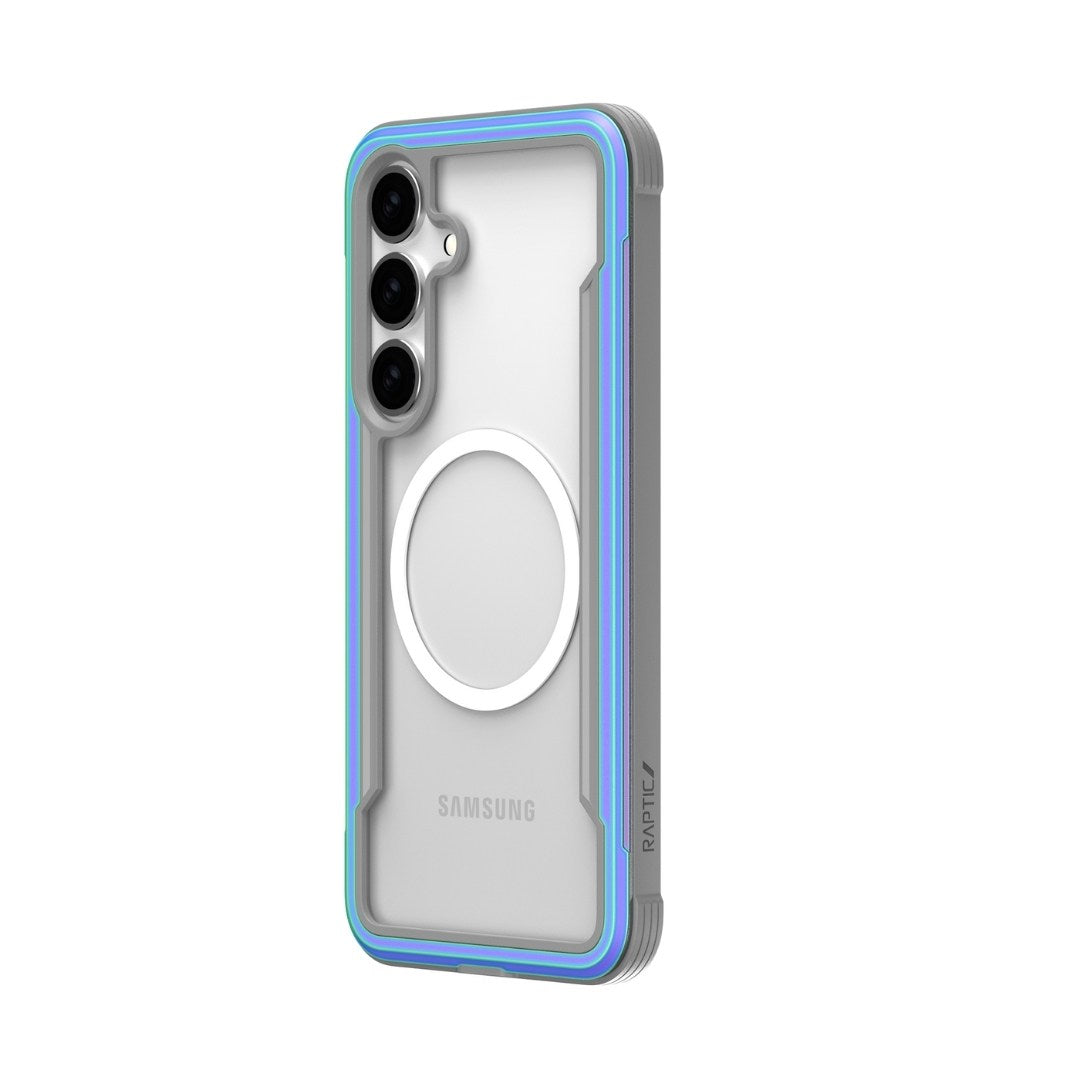 The Samsung S25 Shield Case - Raptic Shield, by Raptic, is a clear case with blue and gray accents, featuring a prominent circular magnet holder. It includes cutouts for three vertical camera lenses, offers military-grade protection, and merges shock absorption with style.