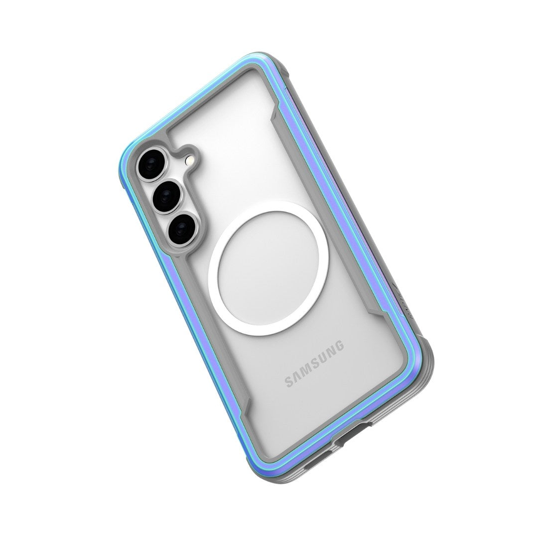 The Raptic Samsung S25 Shield Case offers military-grade protection with reinforced edges and a teal border. It features a clear back with a white magnetic ring for shock absorption, showcasing the logo and three neatly arranged left-side camera cutouts.