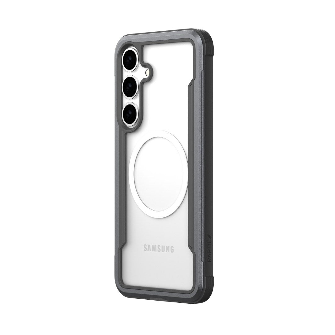 The Raptic Samsung S25 Shield Case features a clear design with a rugged dark gray border and three top-left circular camera cutouts. It offers military-grade protection, a central circular magnetic ring for MagSafe compatibility, and shock absorption for durability.