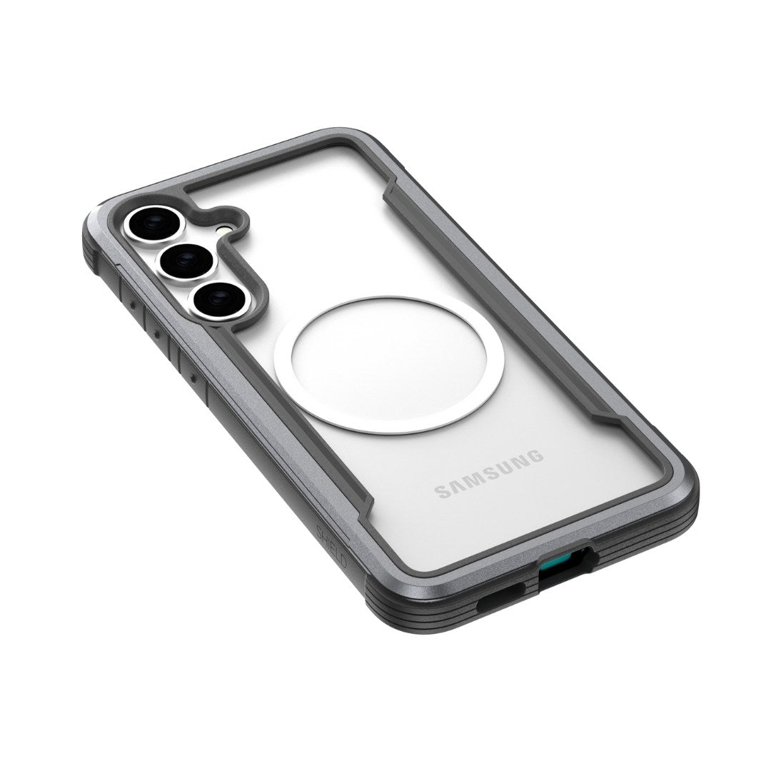 The Samsung S25 Shield Case by Raptic is a transparent cover with a gray bumper and three camera cutouts. It features a circular MagSafe-compatible ring on the back, offers military-grade protection with shock absorption for edges and corners, and maintains a sleek, minimalistic design.