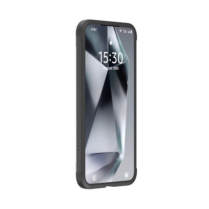 The Raptic Samsung S25 Shield Case, with a rugged black finish, holds the Galaxy S25 upright. Displaying a 15:30 lock screen on August 18th, it shows network status and abstract geometric art in grey and black while offering military-grade protection.