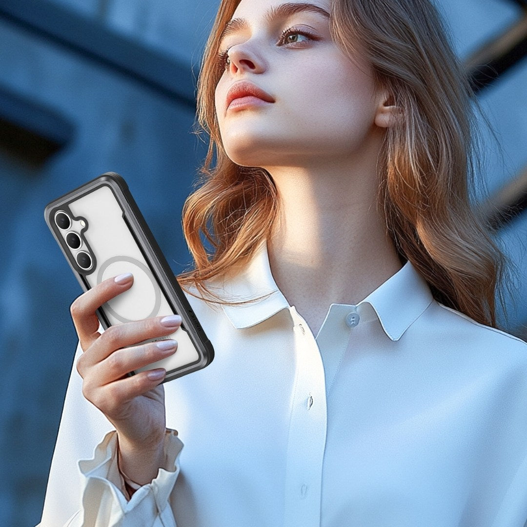 A woman with long, wavy hair holds a smartphone featuring a sleek design and Raptic S25 Shield Case. She wears a white blouse, gazing upward against a blurred urban backdrop. Soft shadows highlight her thoughtful expression in the lighting.