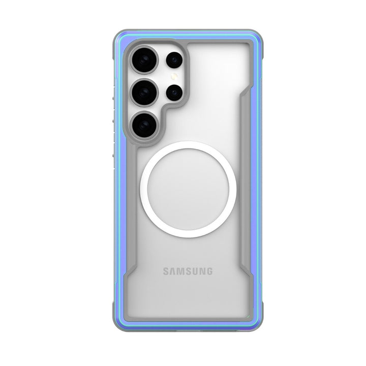 The Raptic Samsung S25 Shield Case features a sleek design with a clear body and blue-tinted edges. It includes a MagSafe-compatible ring, military-grade protection, and accommodates the triple camera setup with an extra sensor and flash arranged vertically in the upper left corner.