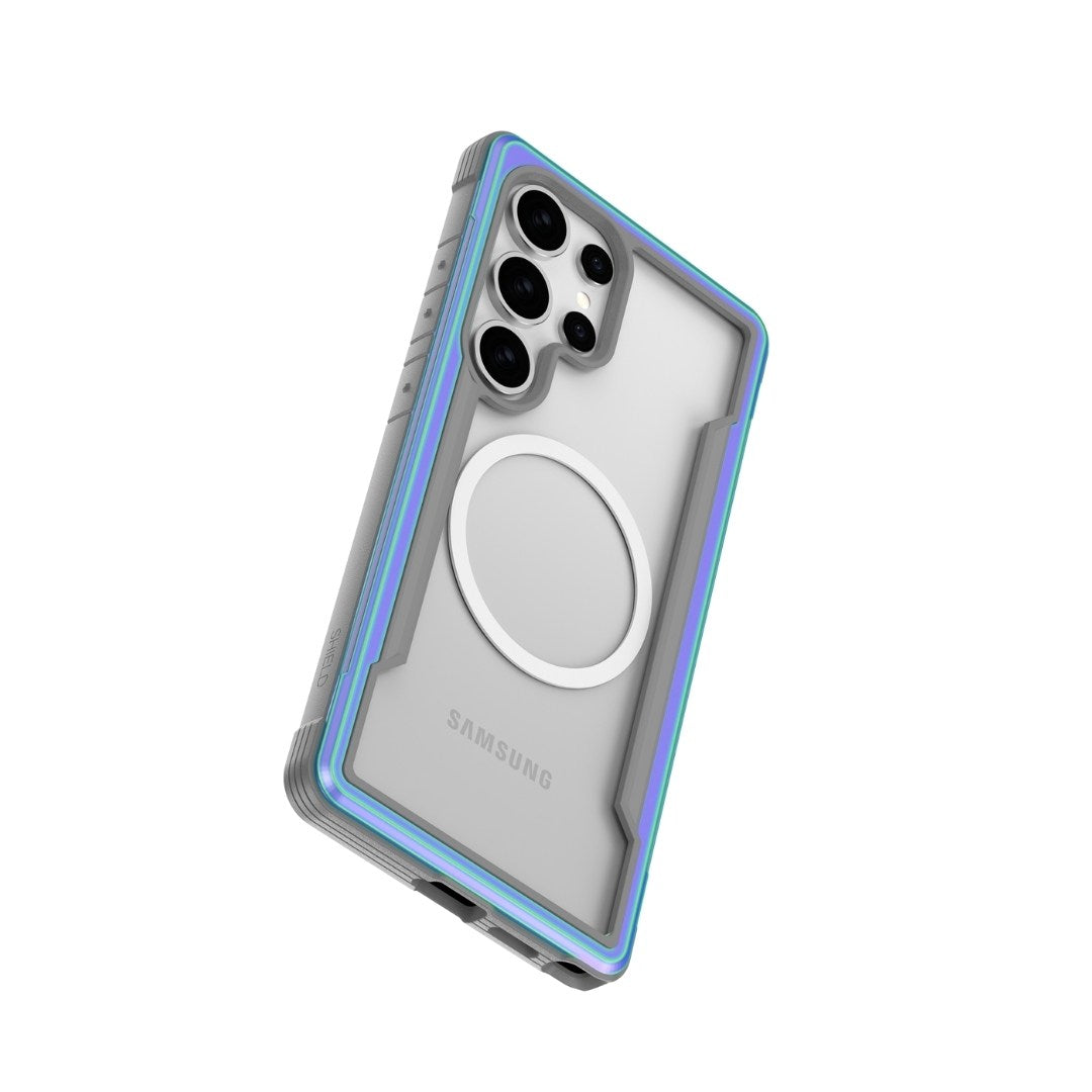 The Raptic Samsung S25 Shield Case features a clear design with blue and purple iridescent edges, four black camera lenses, military-grade protection, shock absorption, a built-in ring holder revealing the logo, an angled design showing side buttons, and charging port cutouts.