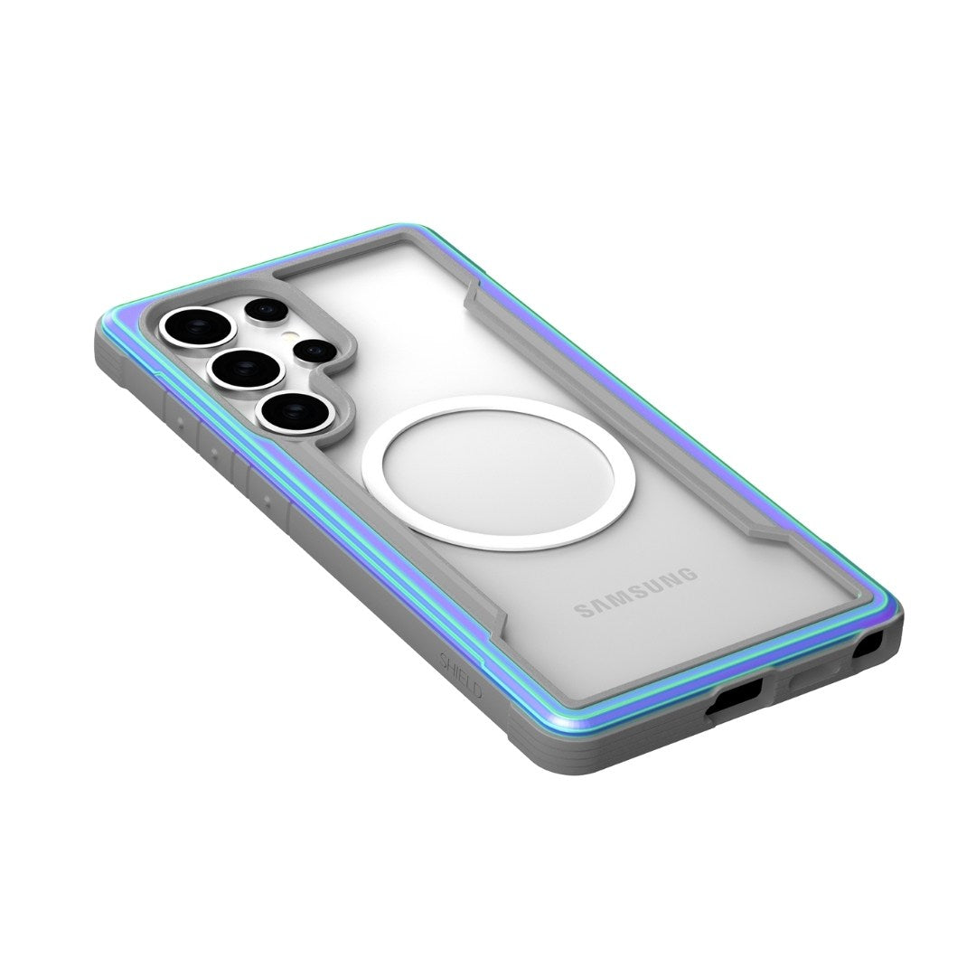 The Raptic Samsung S25 Shield Case provides military-grade protection, a matte finish, and shock absorption. Designed with three camera lens cutouts and SAMSUNG branding, it showcases blue-green iridescent edges and a back ring with precise ports and speaker cutouts.