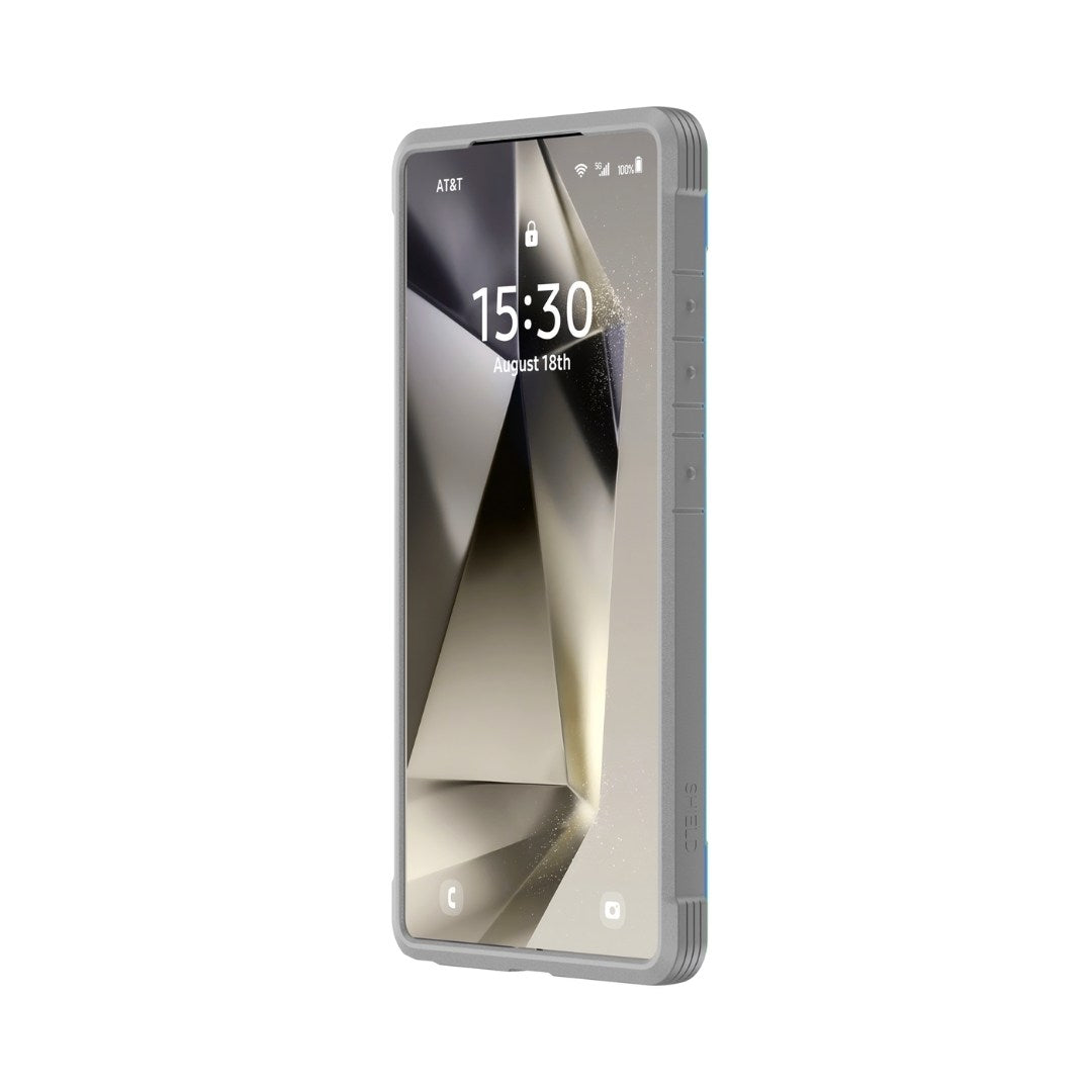 A rugged smartphone with a gray Raptic Samsung S25 Shield Case displays 15:30 on August 18th. The screen shows signal bars and a battery icon, and side buttons accent the geometric gray-and-beige wallpaper. It offers military-grade protection with excellent shock absorption.