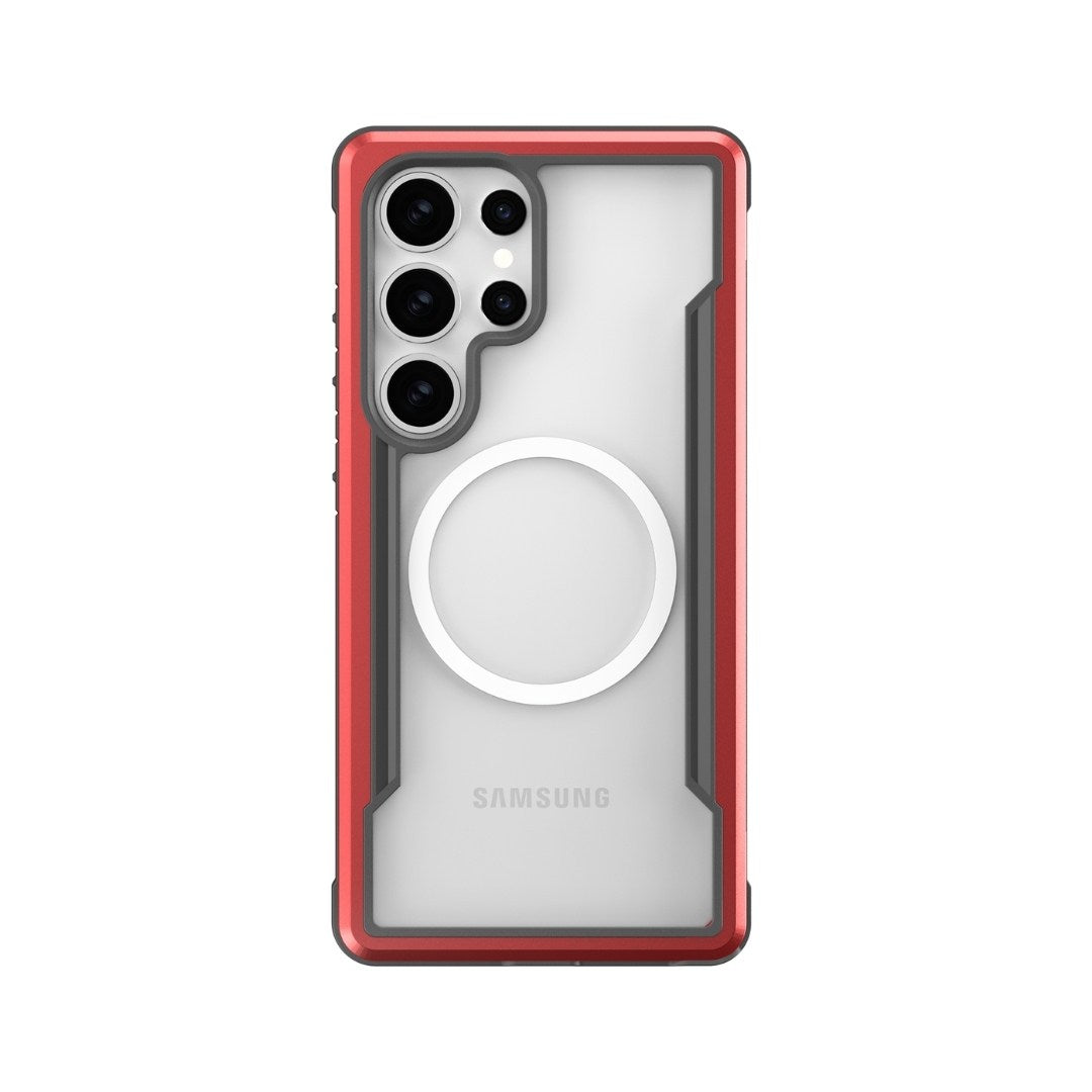 The Raptic Samsung S25 Shield Case in red and black has a clear back, military-grade shock absorption, cutouts for five camera lenses and a flash, and a centered MagSafe-compatible ring.