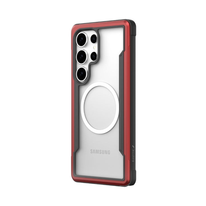 The Raptic Shield case for Samsung Galaxy S25 blends sleek design with military-grade protection. Its clear cover displays the phone's branding and camera, while a red and black border adds style. A circular pattern on the back enhances its durable, stylish appearance.