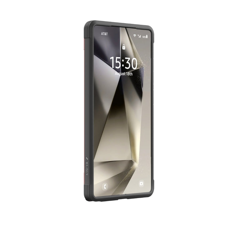 The sleek smartphone design is accented by its black frame, displaying 15:30 on August 18th over a geometric pattern. Signal bars, Wi-Fi, and battery icons appear above the AT&T label. The Raptic Shield Samsung S25 case offers military-grade protection.