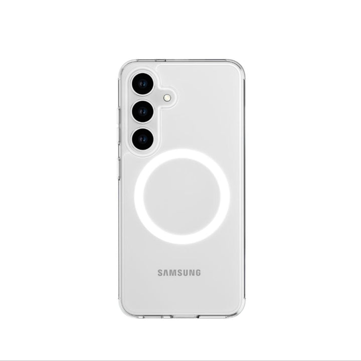 The Raptic Crystal MagSafe case, designed for the Samsung S25 Series, protects a white Samsung smartphone. It includes vertical cutouts for three cameras and a central glowing circular design. The Samsung logo is visible at the bottom, enhancing the modern look.