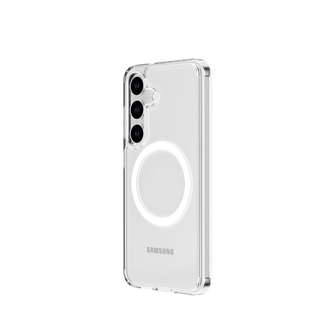 The Raptic Crystal MagSafe for Samsung S25 Series is a clear phone case with three camera cutouts on the top left, a centered white MagSafe-like ring on the back, offering drop protection and a glossy finish. The "SAMSUNG" logo near the bottom highlights its sleek design.