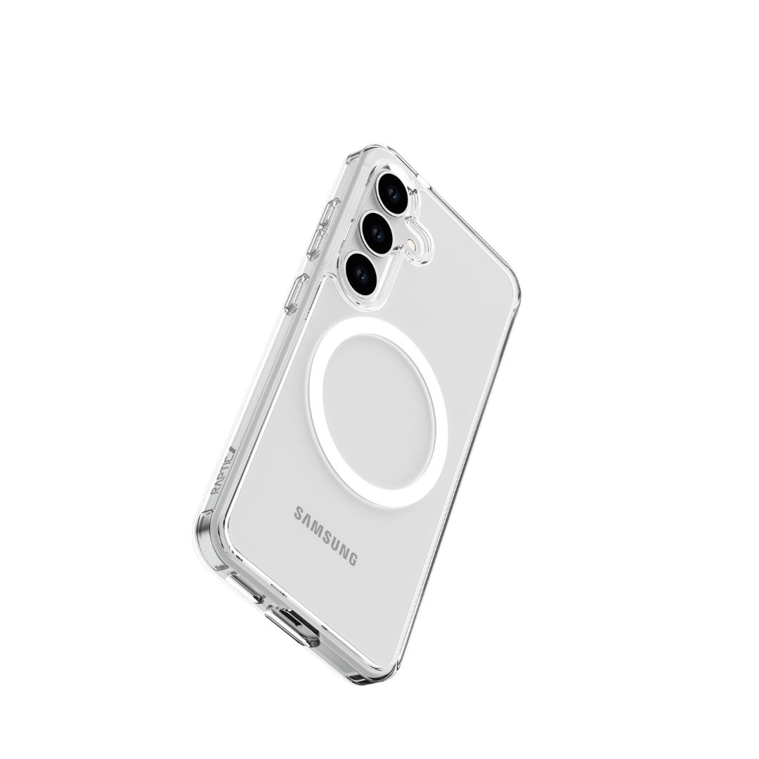 The Raptic Crystal MagSafe for Samsung S25 Series is a clear case with a central white MagSafe magnet ring. It has cutouts for triple rear cameras, showcases the Samsung logo, and provides essential drop protection.