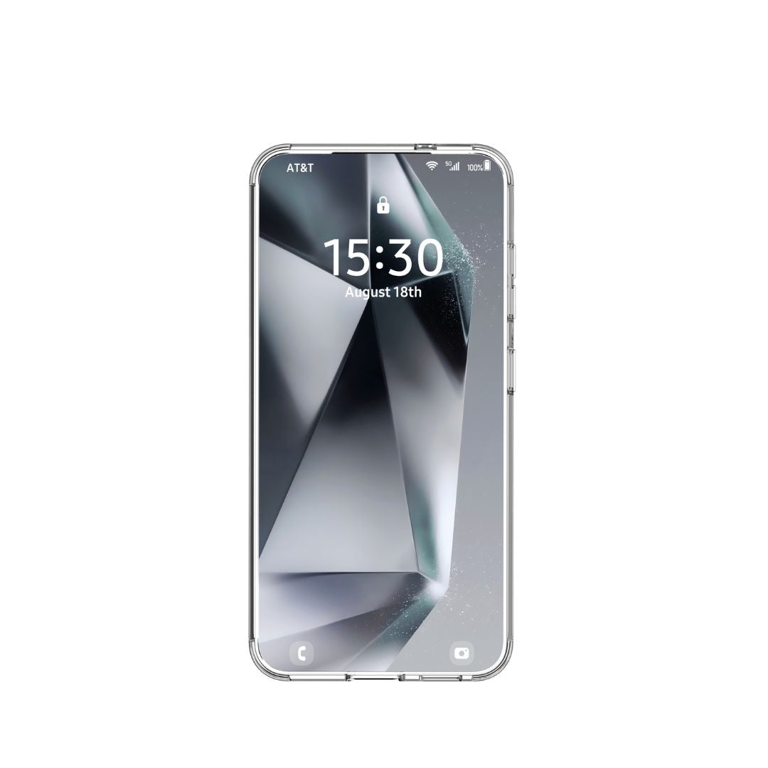 The Samsung S25, in a transparent Raptic Crystal MagSafe case, displays a geometric abstract wallpaper. The screen shows 15:30 on August 18th, with signal and battery indicators at the top right. It combines style and drop protection, while small icons are in the bottom corners.