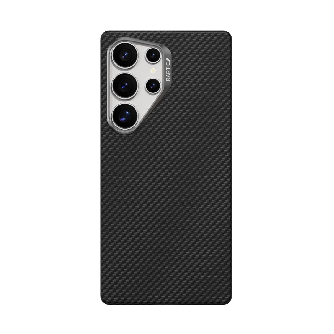 The Samsung S25 Aramid Fibre Case by Raptic boasts a textured aramid fiber back with four camera lenses and a flash in the upper left corner. "Rokform" is printed near the top lens, enhancing its sleek design with military-grade protection and style.