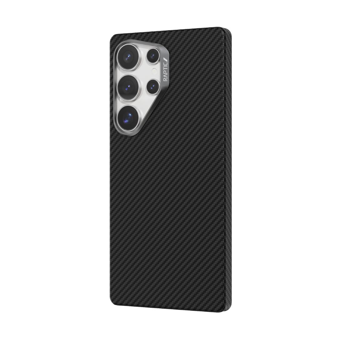 The Samsung S25 Aramid Fibre Case by Raptic offers military-grade protection with an aramid finish. Designed for smartphones with camera bumps, it fits four lenses and a flash in the top left corner, providing security and functionality with a sleek design.