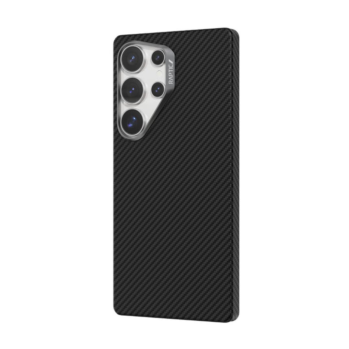 The Samsung S25 Aramid Fibre Case by Raptic offers military-grade protection with an aramid finish. Designed for smartphones with camera bumps, it fits four lenses and a flash in the top left corner, providing security and functionality with a sleek design.