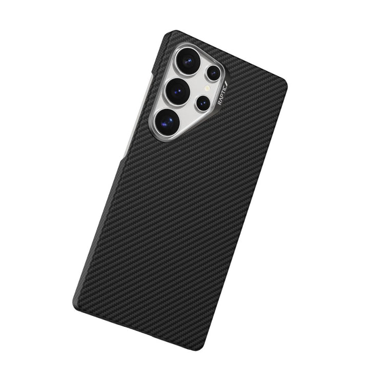 The Raptic Aramid Samsung S25 case features a sleek, black aramid fiber design and provides military-grade protection. Its five camera lenses are positioned on the upper left, contrasting elegantly against a crisp white background for a cutting-edge look.