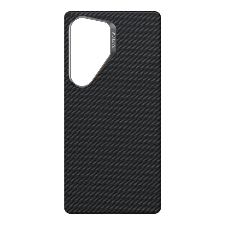 The Samsung S25 Aramid Fibre Case by Raptic features a minimalist design with a carbon fiber texture and diagonal lines, an angular camera cutout, and subtle branding. Its refined white background enhances its modern aesthetics while providing military-grade protection.