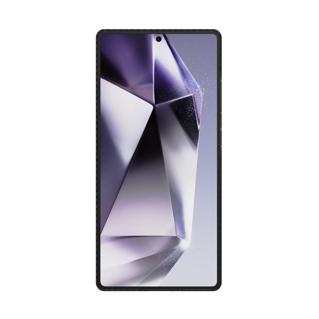 The Samsung Galaxy S25 case, Raptic Aramid, features a sleek geometric design with sharp-edged metallic purple and silver shapes for a prism-like appearance. It offers military-grade protection with thin black bezels and a centered front camera cutout.