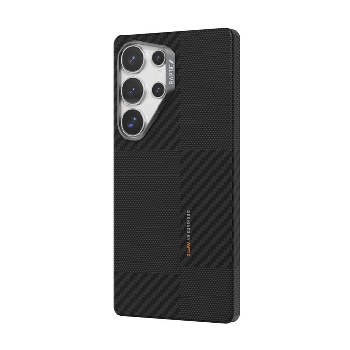 The Raptic Aramid Samsung S25 case, in black carbon fiber with a checkered pattern, provides military-grade protection. Its camera module on the top left includes four lenses and a flash, while "Realpro" and "Designed for Samsung Galaxy S25" text elevate its sleek design.