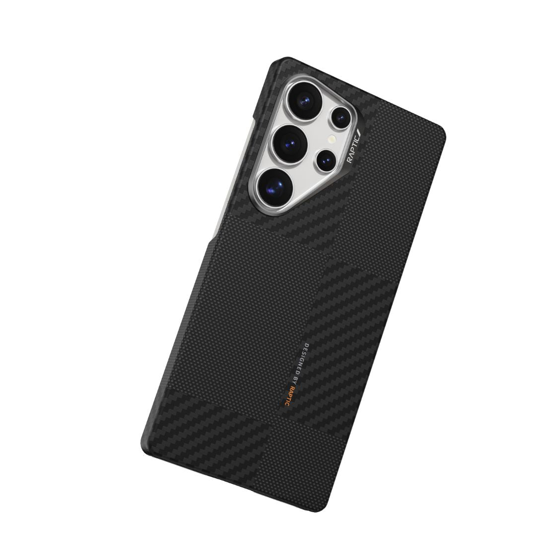 The Raptic Aramid Fibre Case for Samsung S25 features a sleek, textured black design with diagonal checkered patterns, housing multiple vertically-aligned camera lenses and flash on the top left. "Fusion Weaving" is inscribed near the base for style and military-grade protection.