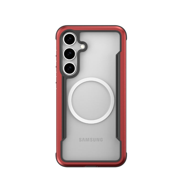 The Samsung S25 Shield Case by Raptic combines durability and style with a clear polycarbonate back, red bumper, three top-left camera cutouts accented in black, and military-grade protection. It features a central prominent circular MagSafe ring for enhanced functionality.