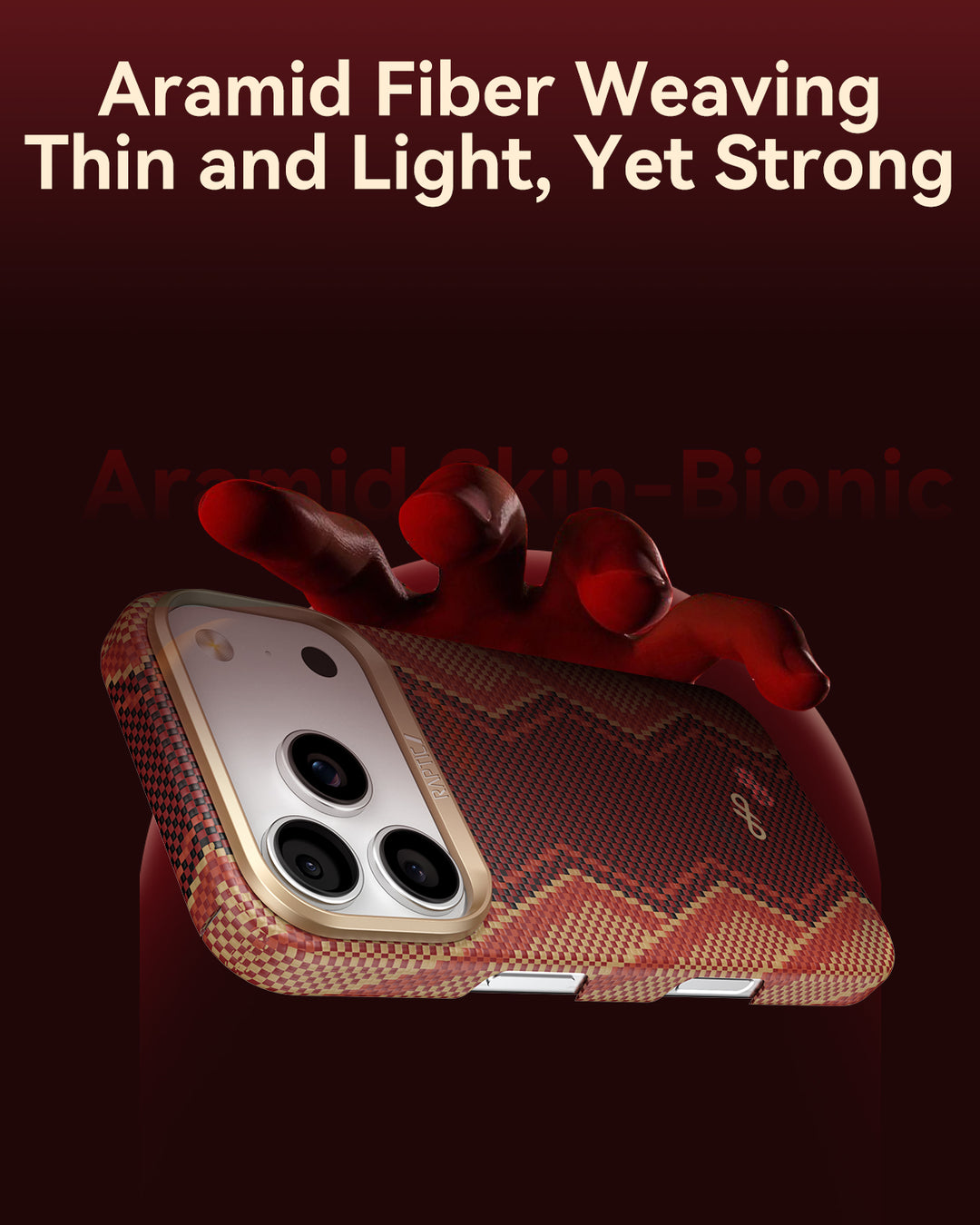 A hand holds a Raptic Skin-Origin iPhone 17 Aramid Fibre Case in red and gold. Large text reads, “Aramid Fiber Weaving: Thin and Light, Yet Strong.” A dark red gradient background showcases the case’s ultra-slim woven texture.