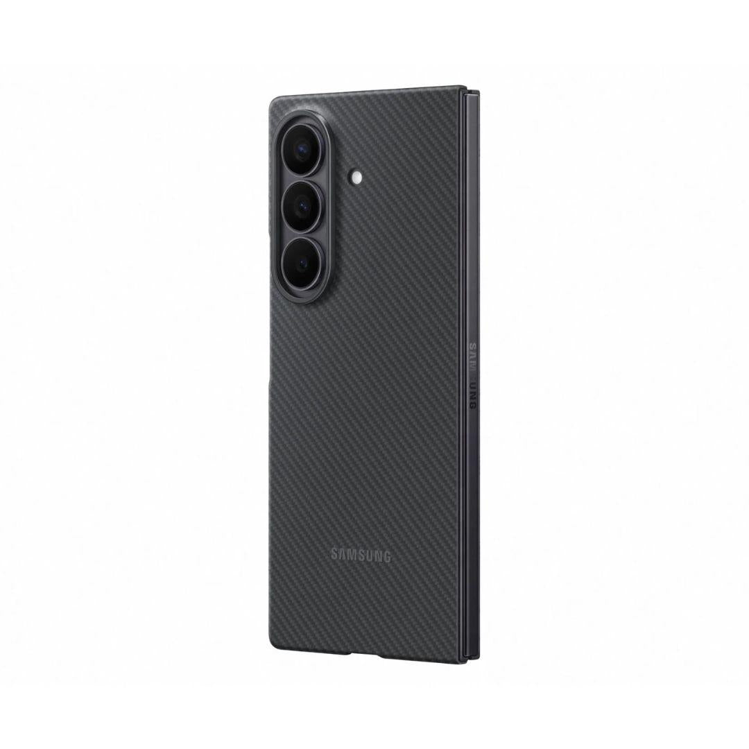 A black Samsung Galaxy Fold 7 with the Carbon Shield Case is shown partially open from the back, highlighting its ultra-slim carbon fiber protection, triple rear cameras with LED flash, and Samsung branding near the bottom.