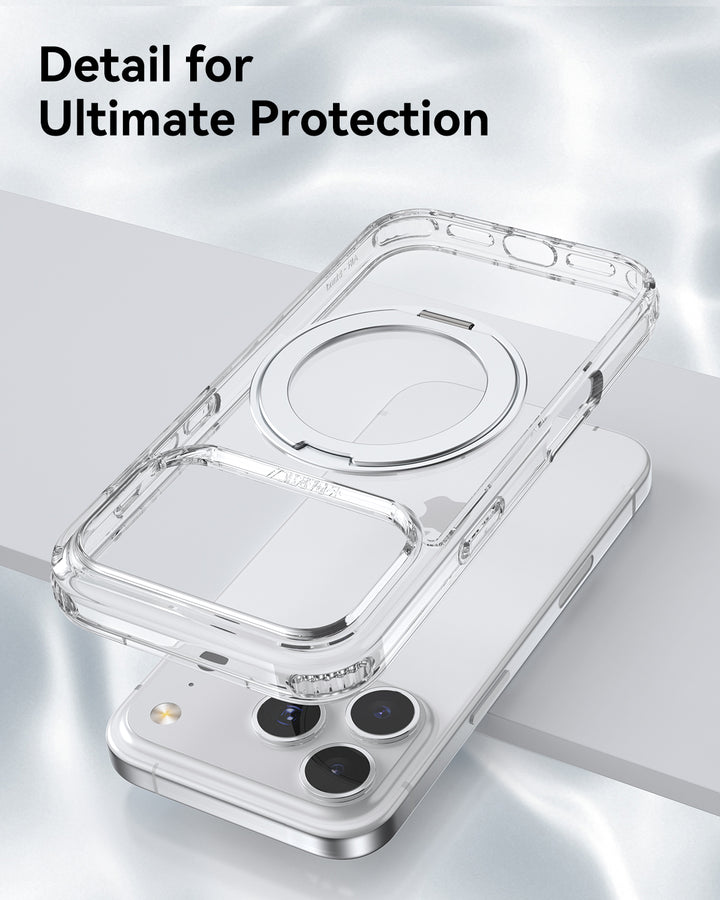 A transparent Raptic Air Stand MagSafe kickstand case floats above a white iPhone 17 with dual rear cameras. The image has a silver satin background and the text “Detail for Ultimate Protection” appears at the top left in black.