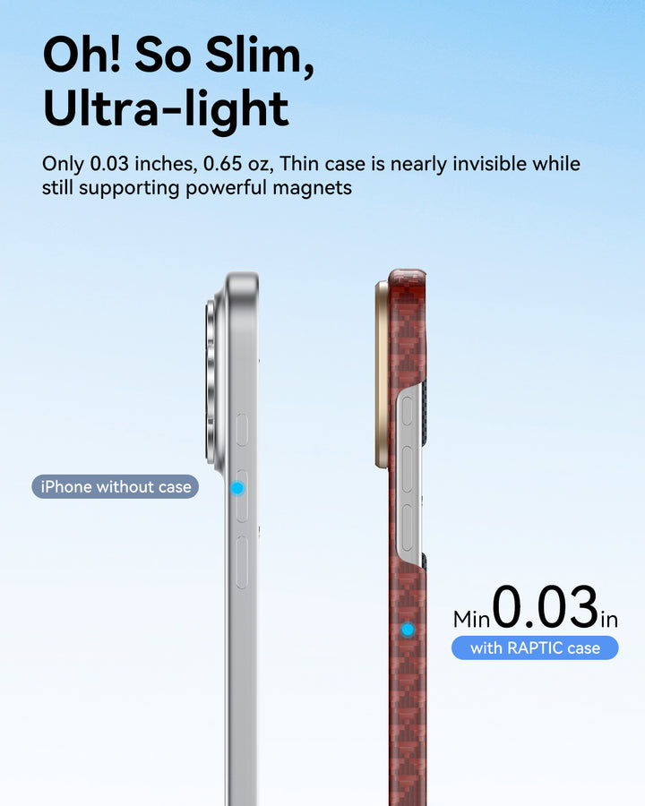 Side view comparison of an iPhone 17 without a case and with the Raptic Skin-Origin aramid fibre case, highlighting its ultra-slim (0.03") red-patterned design, lightweight feel, MagSafe compatibility, and minimal added thickness.