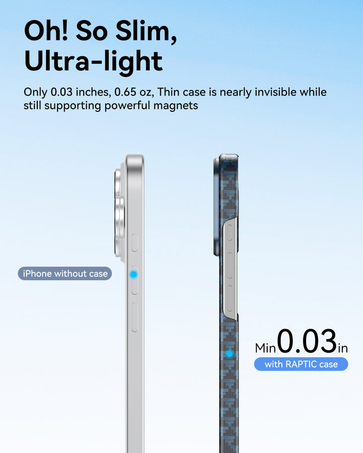 Side-by-side comparison of an iPhone 17 without a case (left) and with the Raptic Skin-Origin Aramid Fibre Case (right), showing its ultra-thin design and minimal visual difference, with blue lines indicating measurement points.